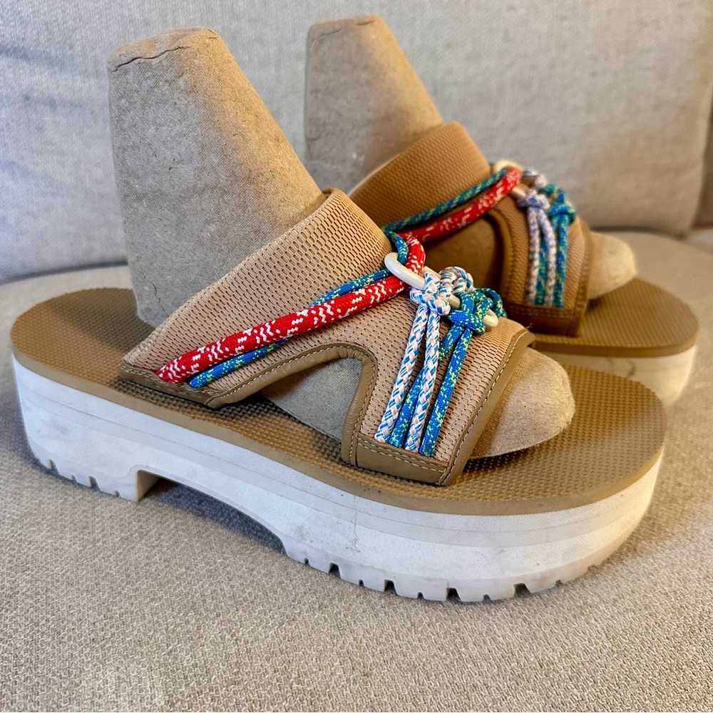 Teva Indio Carabiner Slide Rope Platform Sandals Stretchy tan, red, white, blue - Picture 2 of 11